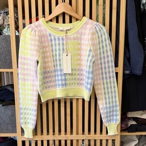 LoveShackFancyPastel Plaid Cropped Sweater - Yellow Pink Blue